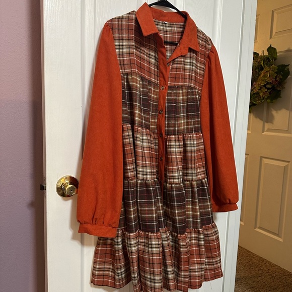 Large No Tags LS Tiered Orange & Brown Plaid Corduroy Mini Dress - Picture 5 of 6